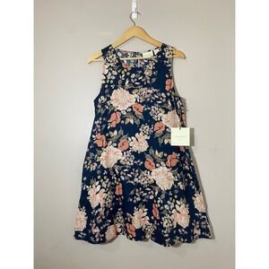 Cynthia Rowley Navy Floral 100% Linen Shift Dress Sleeveless Pockets Women M NEW